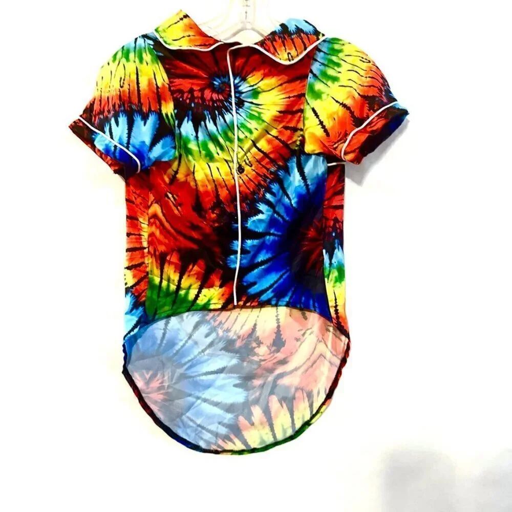 Dog Tie Dye Shirt  Satin PJS Medium  Pajamas Stocking Stuffer NWT Chest 22